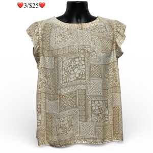 LOFT Tan White Floral Ruffle Sleeve Blouse Women’s XL Lightweight Top ❤️3/$25❤️